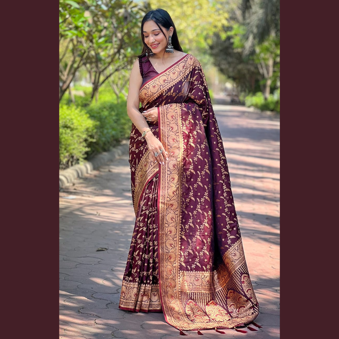 Pure Banarasi Katan Silk Saree with unstitched blouse piece - Maroon