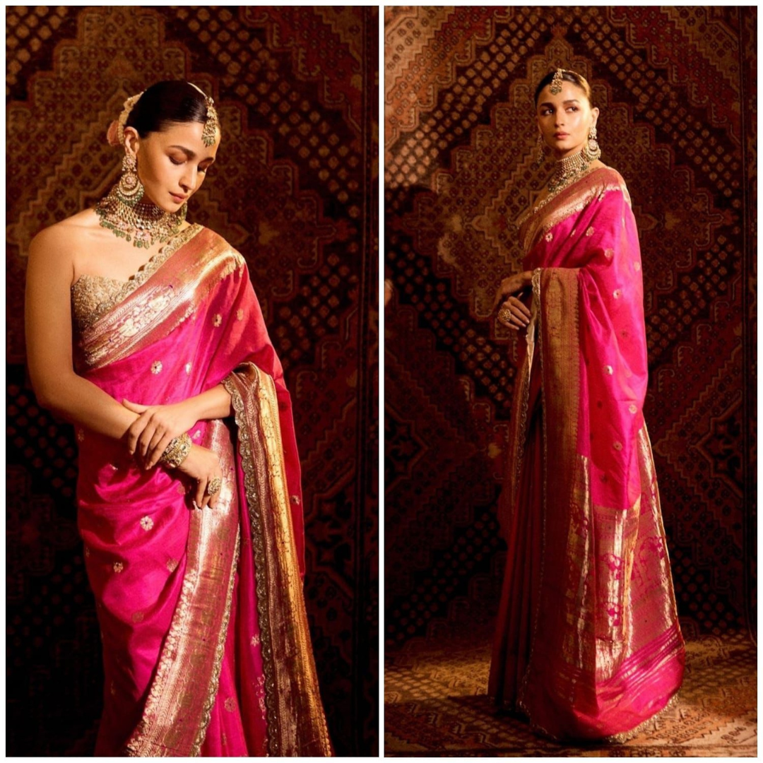 A Designer Organic Banarasi Sarees With Golden Lace X Alia Bhatt