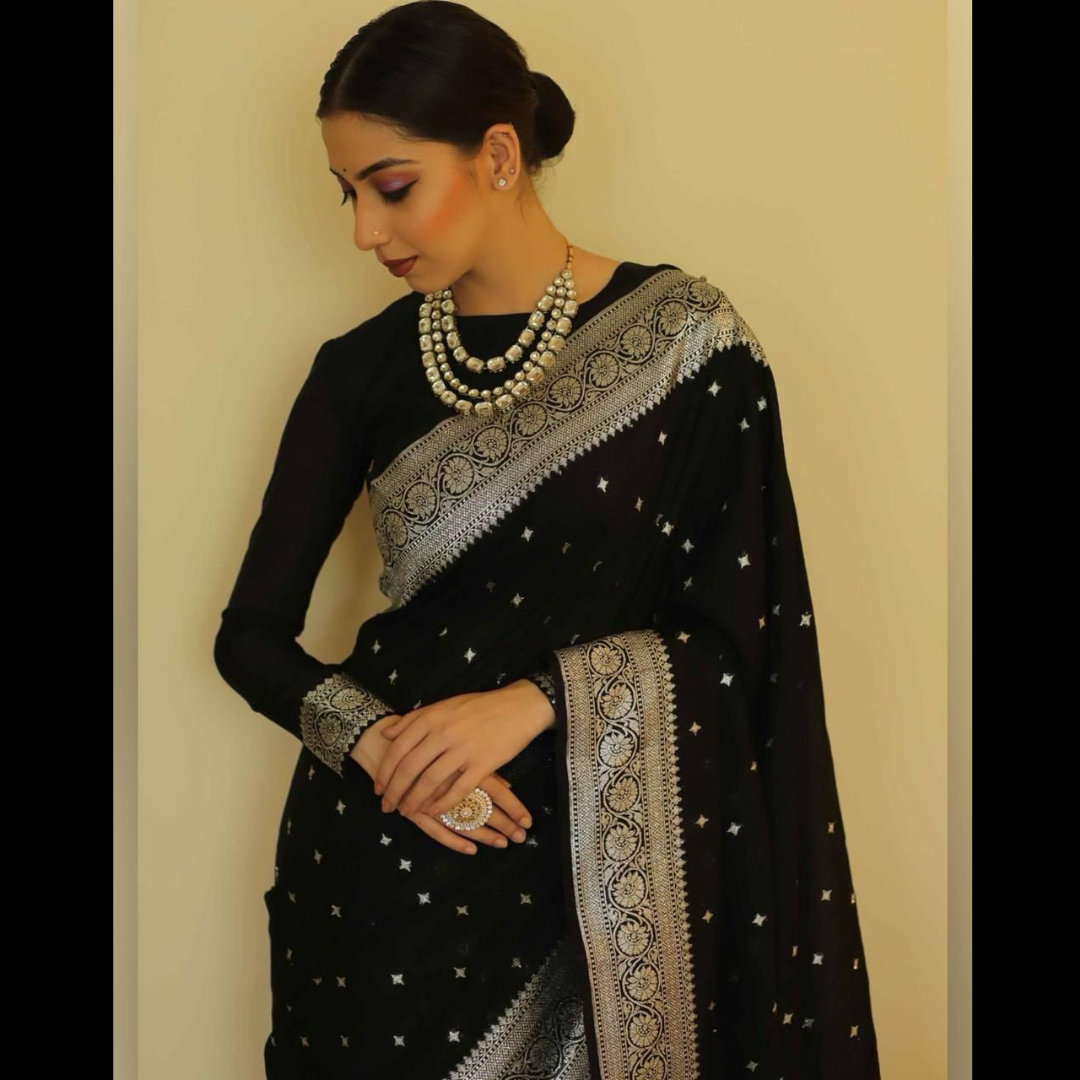 Soft Silk Saree with unstitched blouse piece - Black