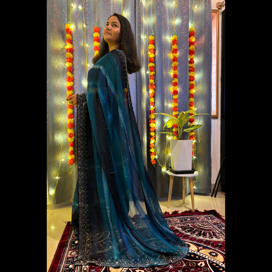 Dual Shade Blue and black ixed Silk saree embellished with stone work on border