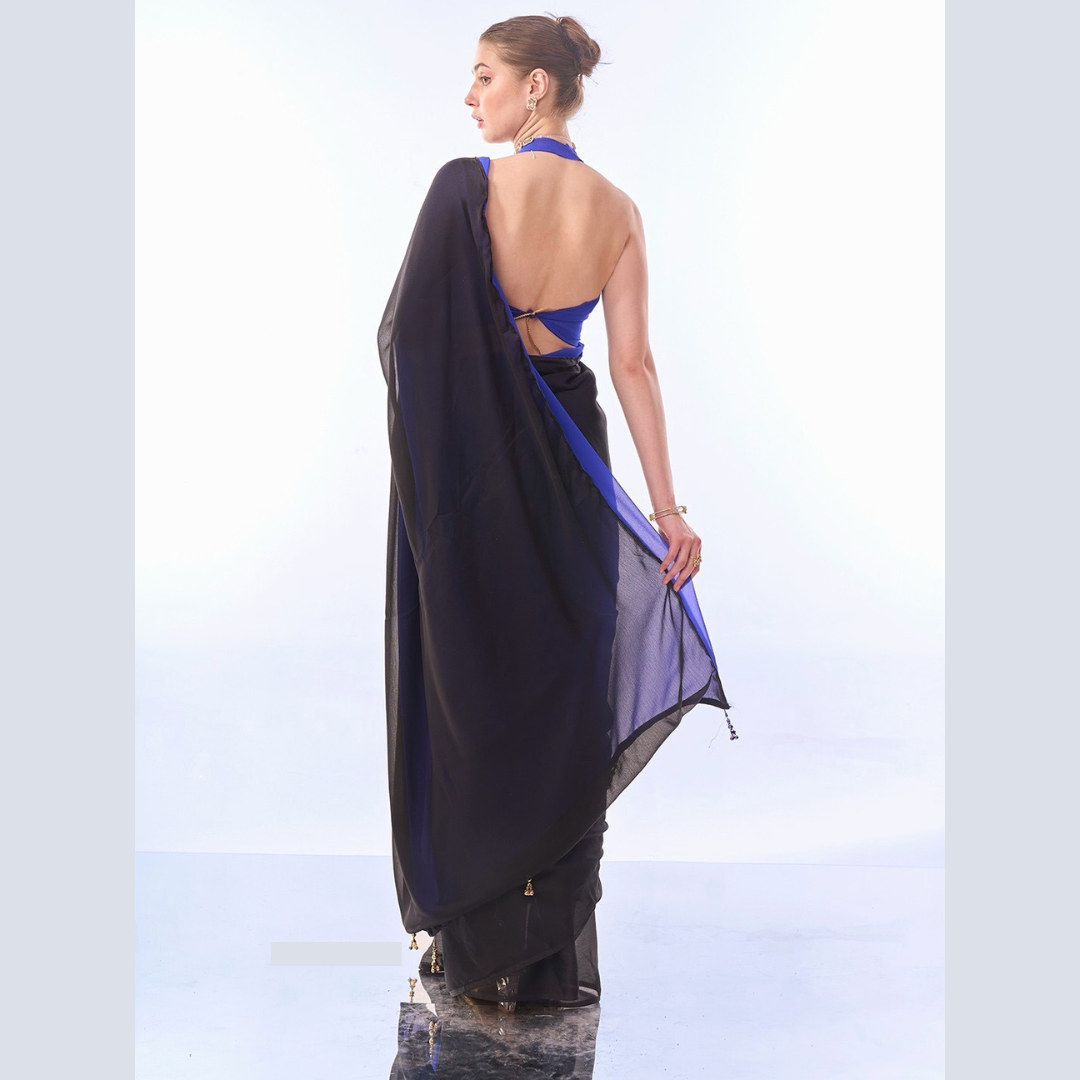 Black Satin Chiffon multicolor plain saree