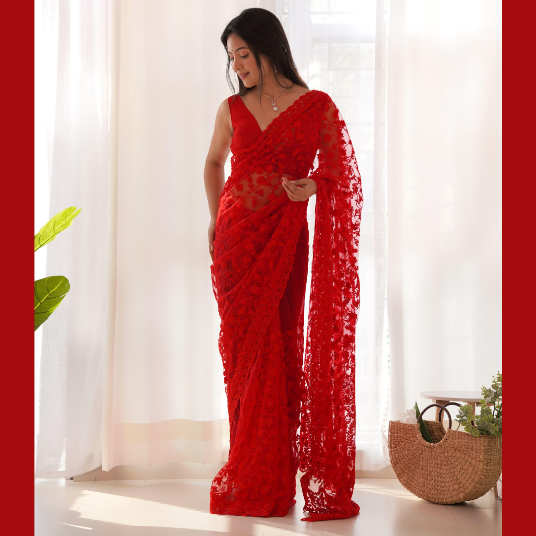 Red Georgette saree embellished with Sequin  -Net