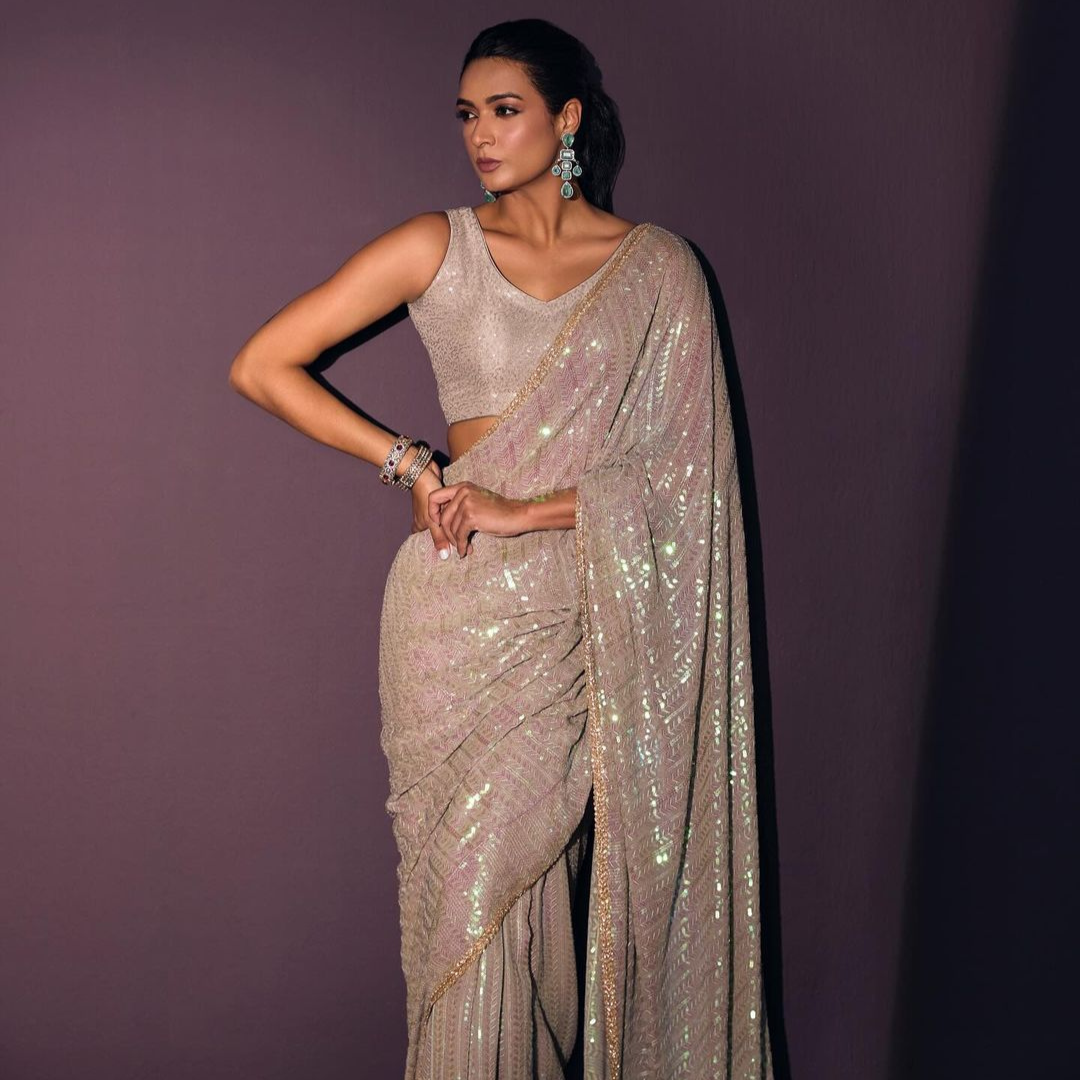 Bollywood model dusty grey rainbow sequin georgette saree