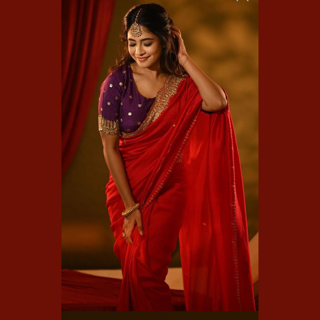 Red Jimmy Choo saree embellished with sequin on Border