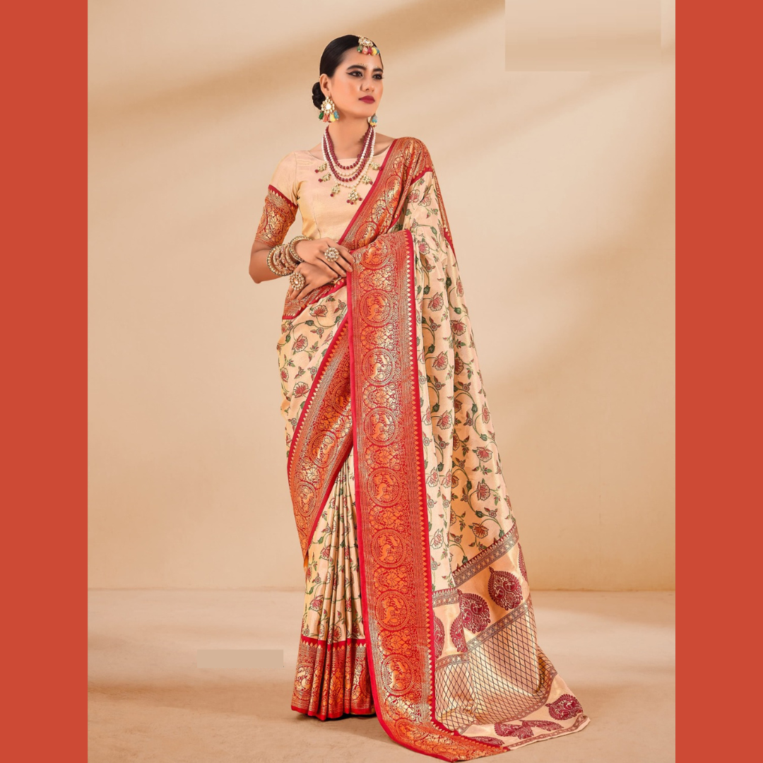 Soft Tissue Silk Saree with unstitched blouse piece - Orange