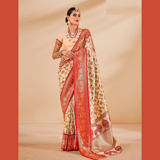 Soft Tissue Silk Saree with unstitched blouse piece - Orange