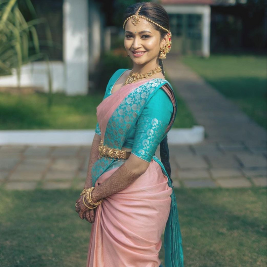 Soft Lichi Silk Saree with Exclusive Color Contrast Jacquard Border - Blue and pink shade