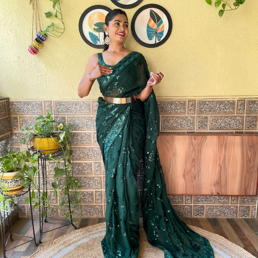 Ready to wear Georgette saree embellished with Sequin with belt - Green