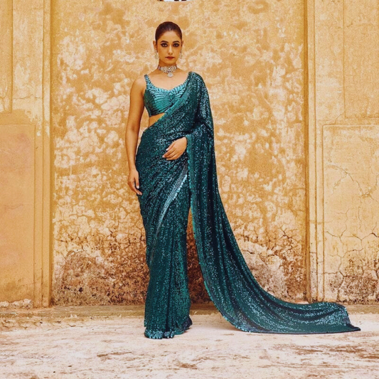 Blue Green Georgette saree embellished with Sequin on border and unstitched sequin blouse