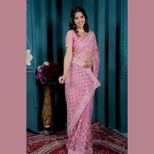 Pink Net saree embellished with Sequin & stone work