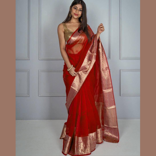 Red Kora Organza jacquard Soft Saree With Pallu & Running Blouse