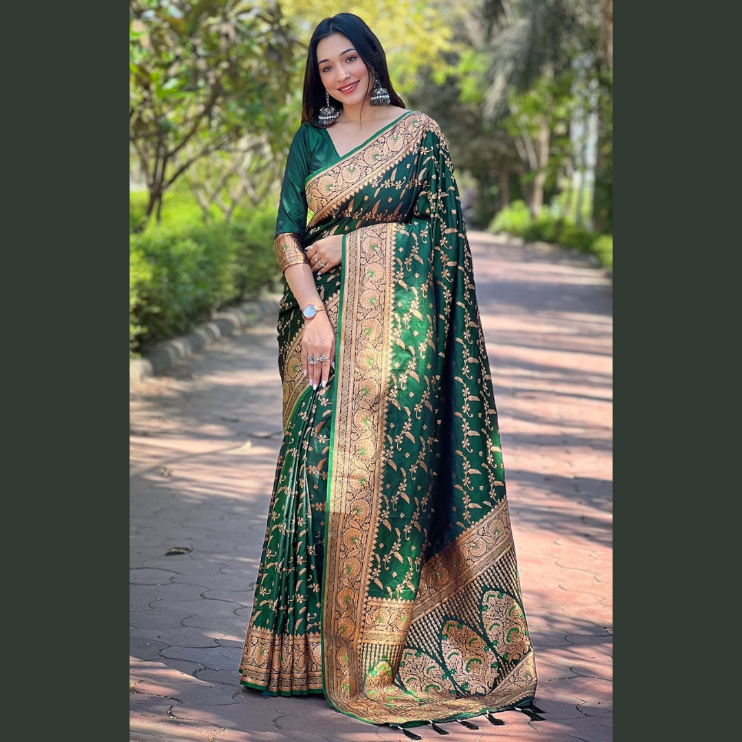 Pure Banarasi Katan Silk Saree with unstitched blouse piece - Green