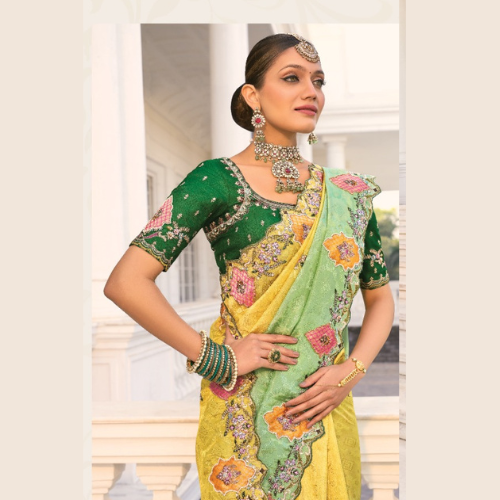 Yellow & Green Ombre Bridal Saree with Heavy Gold Zari Embroidery & Designer Blouse