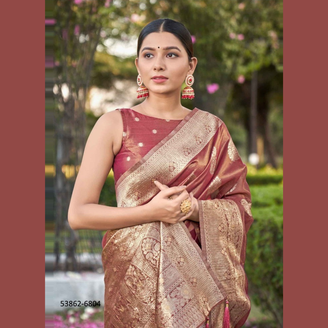 Soft Silk Saree with unstitched blouse piece - Rose Gold