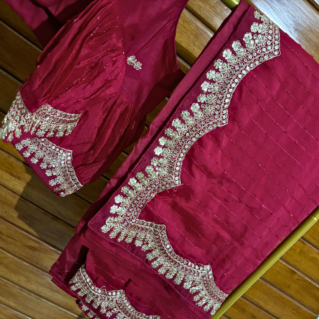 Rani Pink Silk saree embellished with Sequin on border and ready made blouse