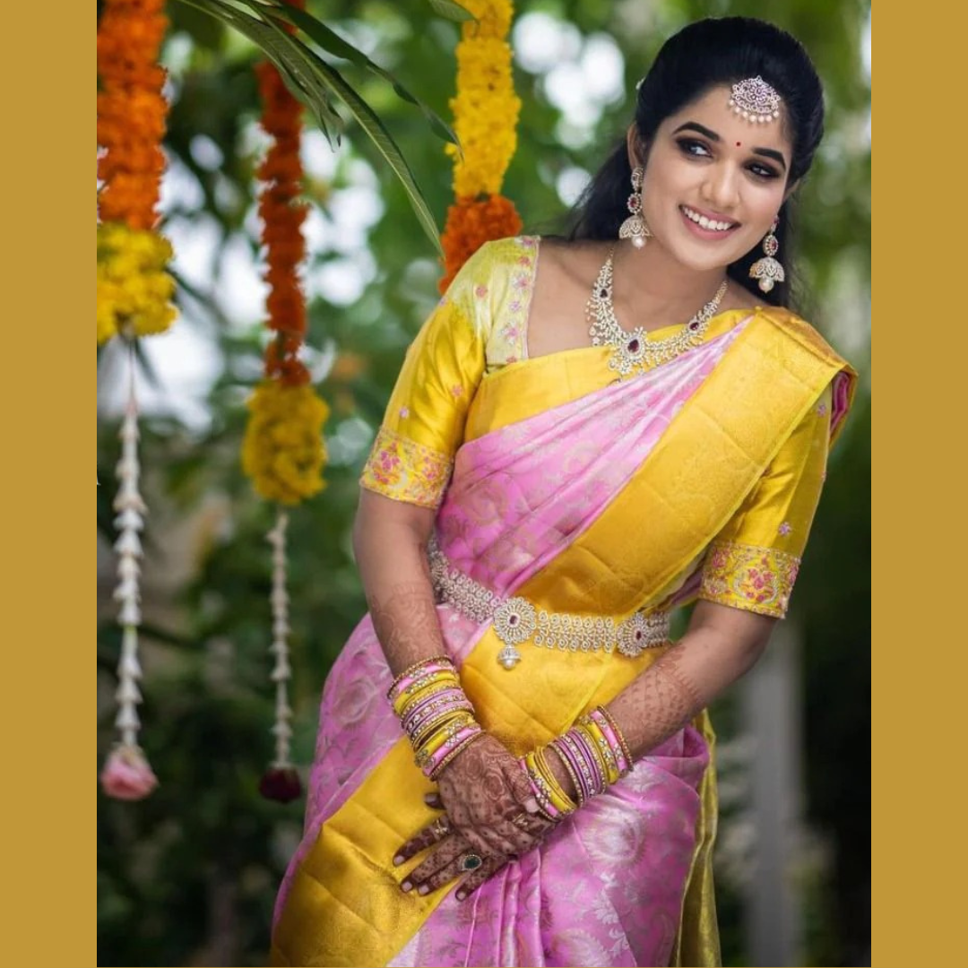 Soft Lichi Silk Saree with Exclusive Color Contrast Jacquard Border - Yellow and pink shade