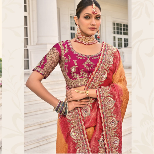 Magenta & Orange Ombre Bridal Saree with Heavy Gold Zari Embroidery & Designer Blouse