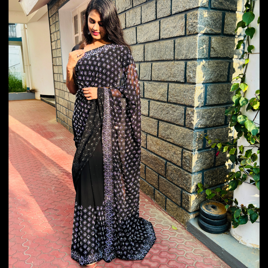 Black Georgette saree embellished with stone and pearls