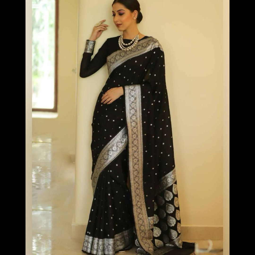 Soft Silk Saree with unstitched blouse piece - Black