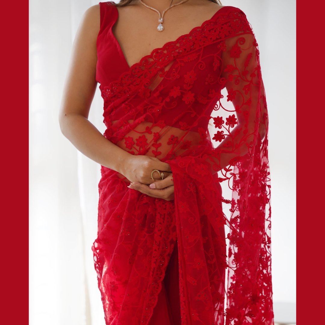 Red Georgette saree embellished with Sequin  -Net