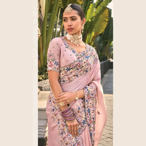 Pink Bridal Saree with Heavy Embroidery & Designer Blouse