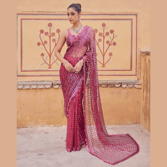 Pink Net saree embellished with Sequin