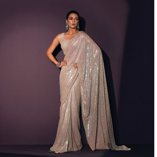 Bollywood model dusty grey rainbow sequin georgette saree