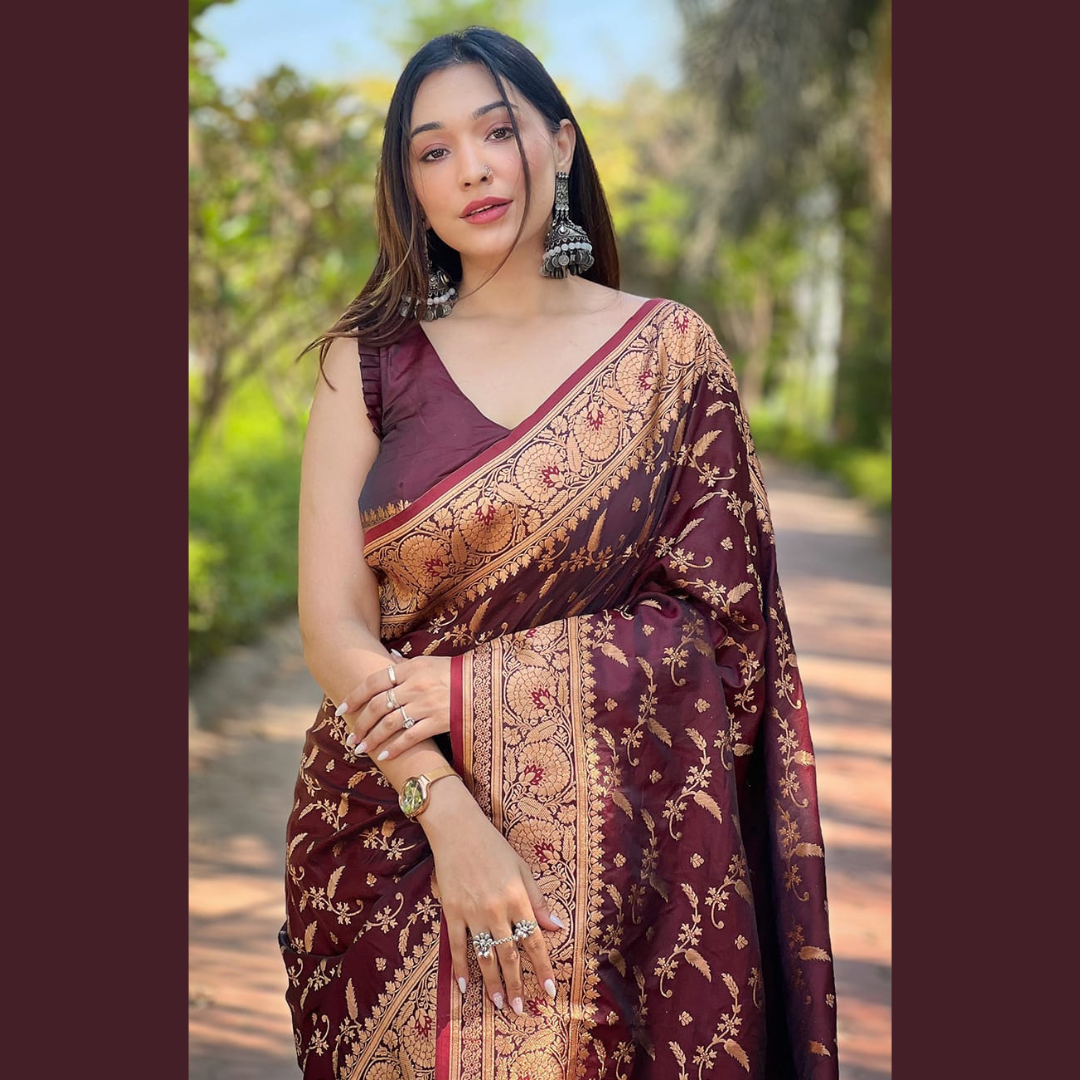 Pure Banarasi Katan Silk Saree with unstitched blouse piece - Maroon