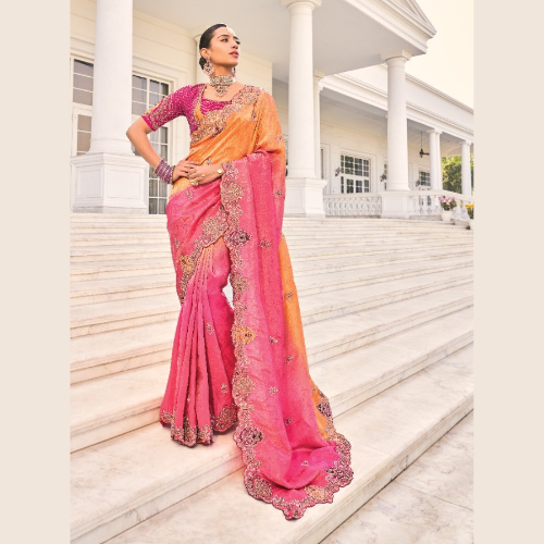 Pink & Orange Ombre Bridal Saree with Heavy Gold Zari Embroidery & Designer Blouse