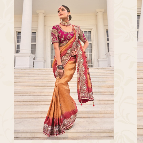 Magenta & Orange Ombre Bridal Saree with Heavy Gold Zari Embroidery & Designer Blouse