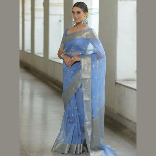 Kanchipuram Organza jacquard Golden Lining Saree With Raw Silk organza running Blouse - Light Blue