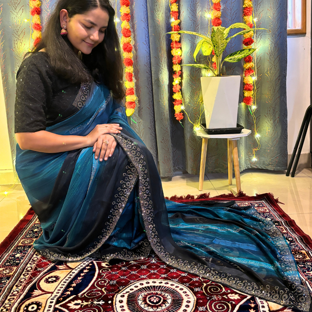 Dual Shade Blue and black ixed Silk saree embellished with stone work on border