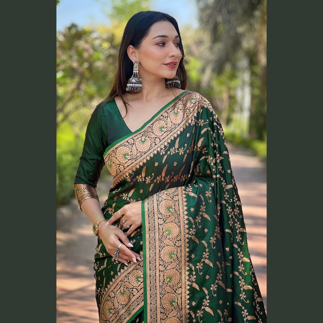 Pure Banarasi Katan Silk Saree with unstitched blouse piece - Green