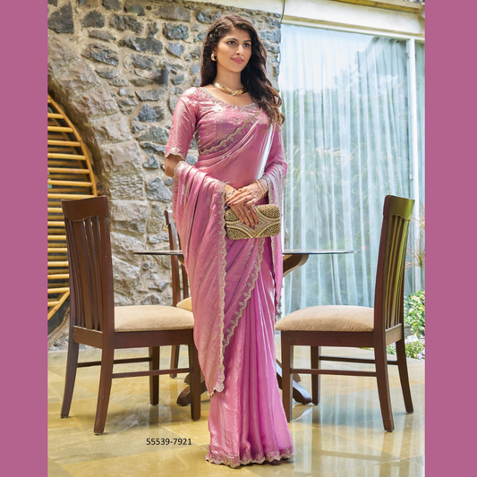 Pink Silk Heavy Handwork Saree with Zircon Border