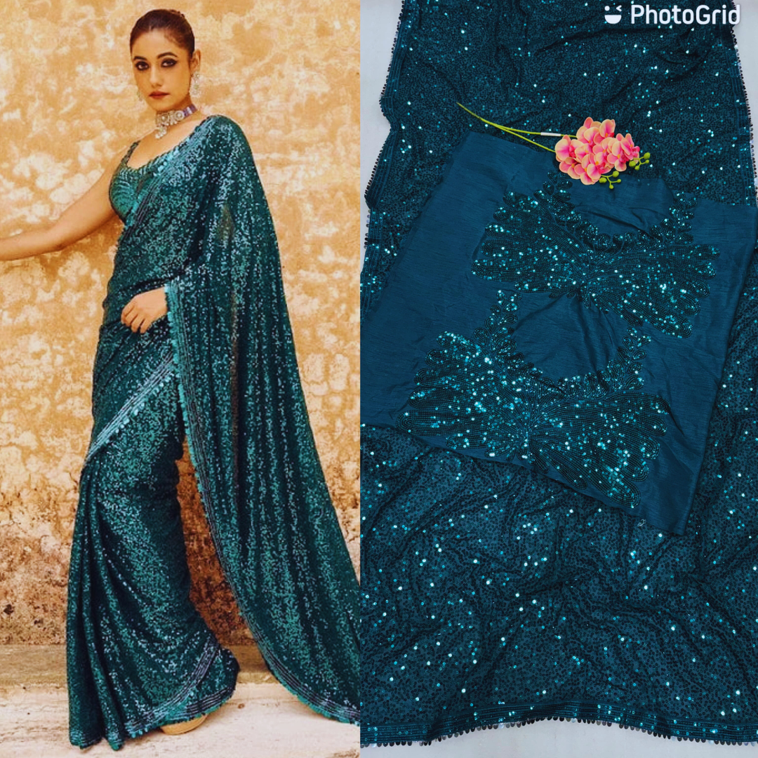 Blue Green Georgette saree embellished with Sequin on border and unstitched sequin blouse