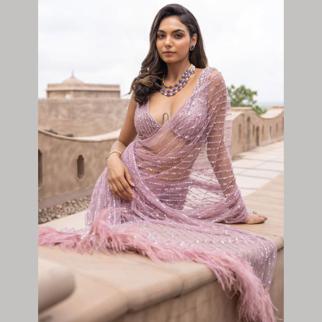 Pink Net Georgette saree embellished with Sequin