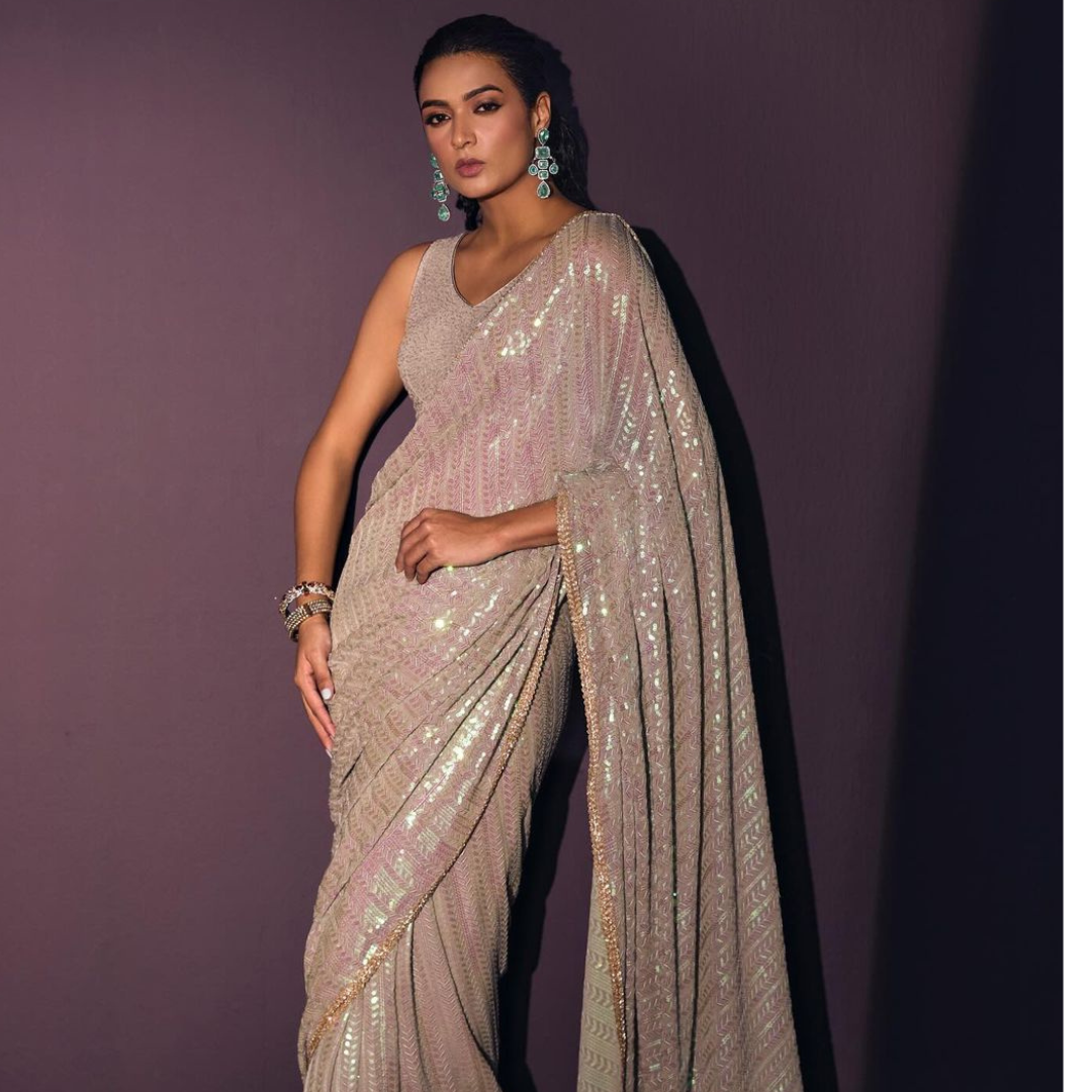 Bollywood model dusty grey rainbow sequin georgette saree