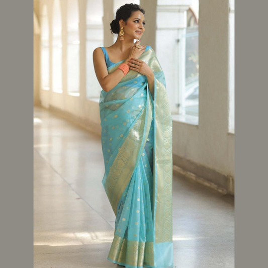 Kanchipuram Organza jacquard Golden Lining Saree With Raw Silk organza running Blouse - Turquoise