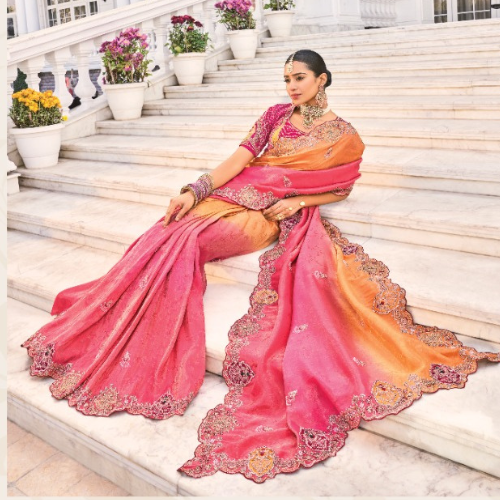 Pink & Orange Ombre Bridal Saree with Heavy Gold Zari Embroidery & Designer Blouse