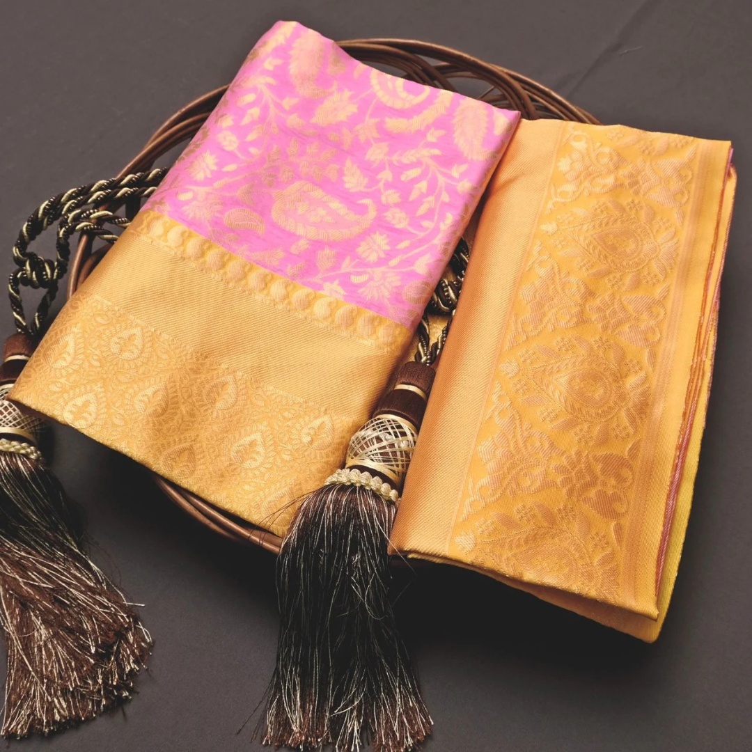 Soft Lichi Silk Saree with Exclusive Color Contrast Jacquard Border - Yellow and pink shade