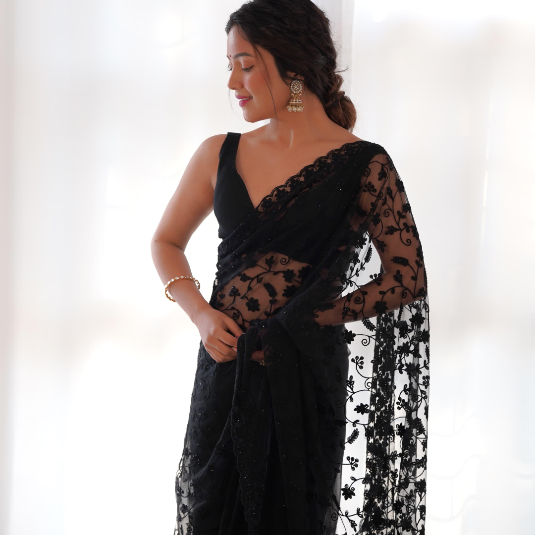 Beautiful Black Georgette saree embellished with Sequin  -Net