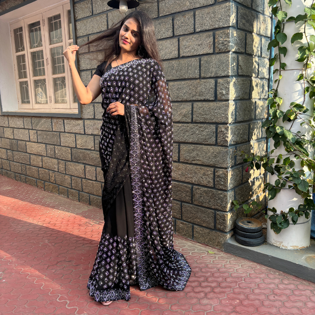 Black Georgette saree embellished with stone and pearls