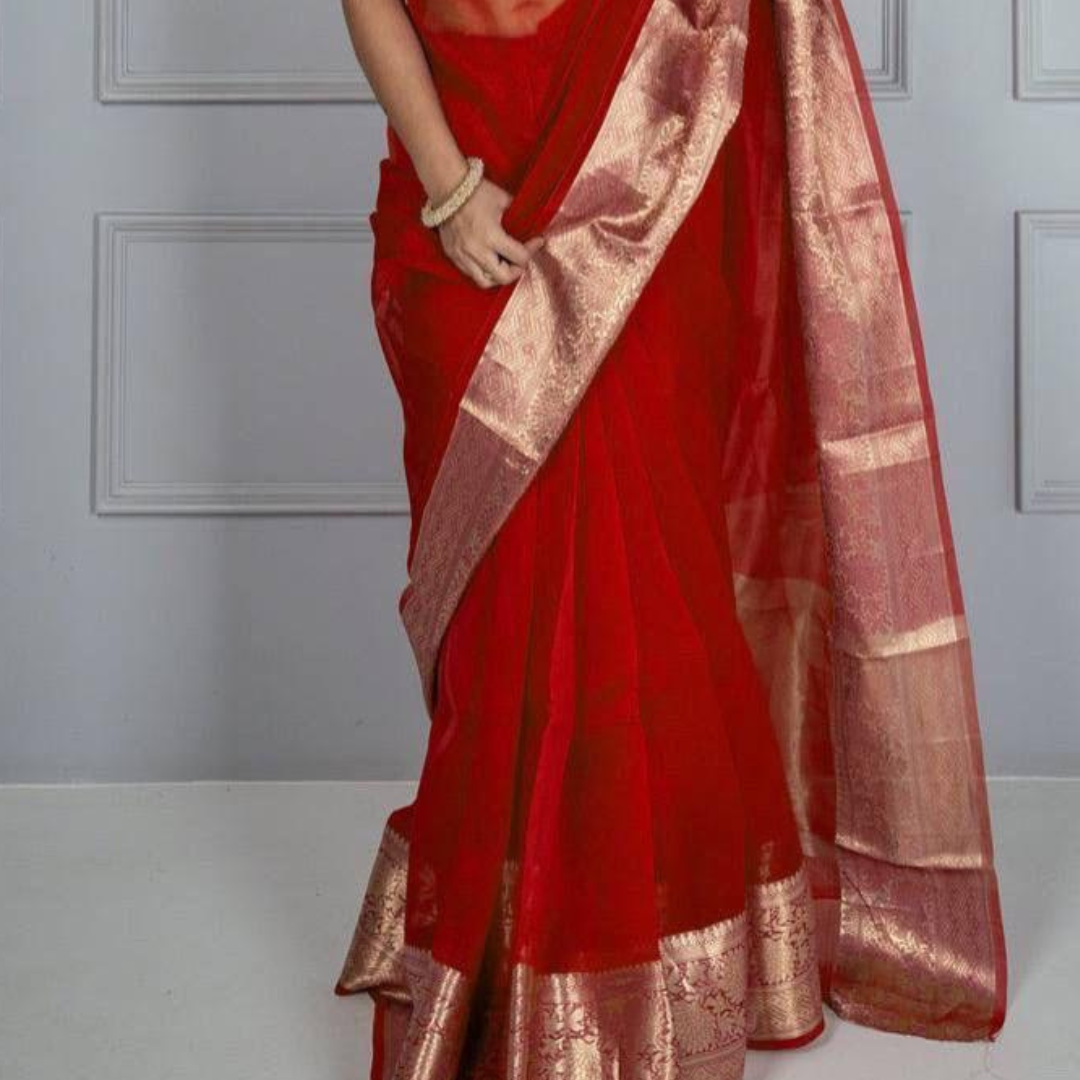 Red Kora Organza jacquard Soft Saree With Pallu & Running Blouse