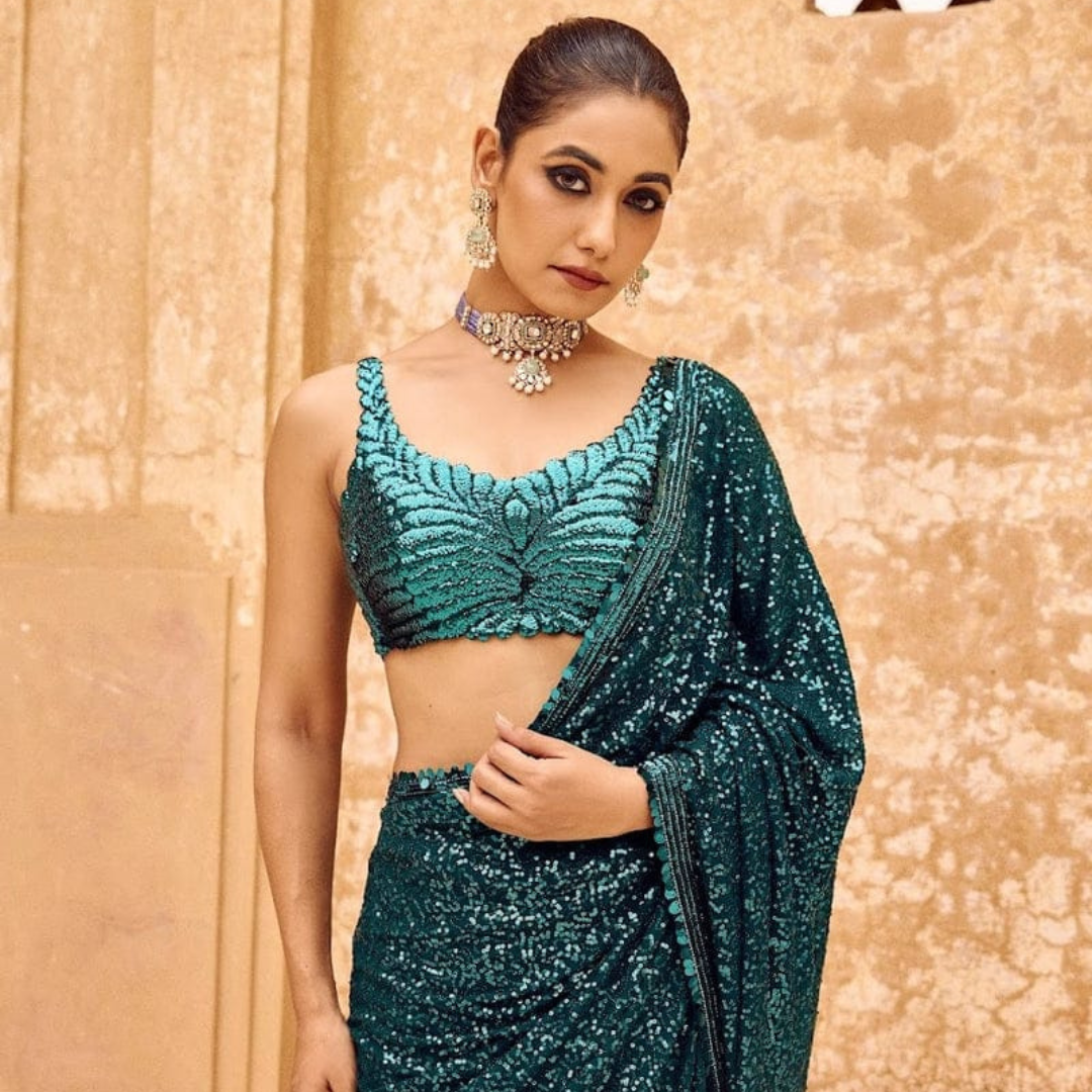 Blue Green Georgette saree embellished with Sequin on border and unstitched sequin blouse