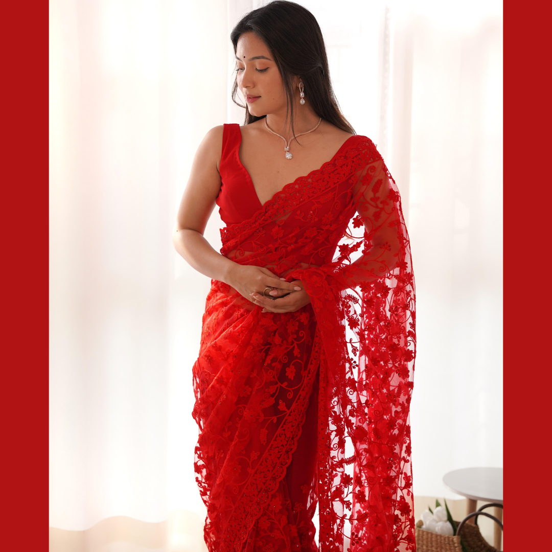 Red Georgette saree embellished with Sequin  -Net