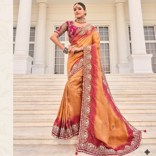 Magenta & Orange Ombre Bridal Saree with Heavy Gold Zari Embroidery & Designer Blouse