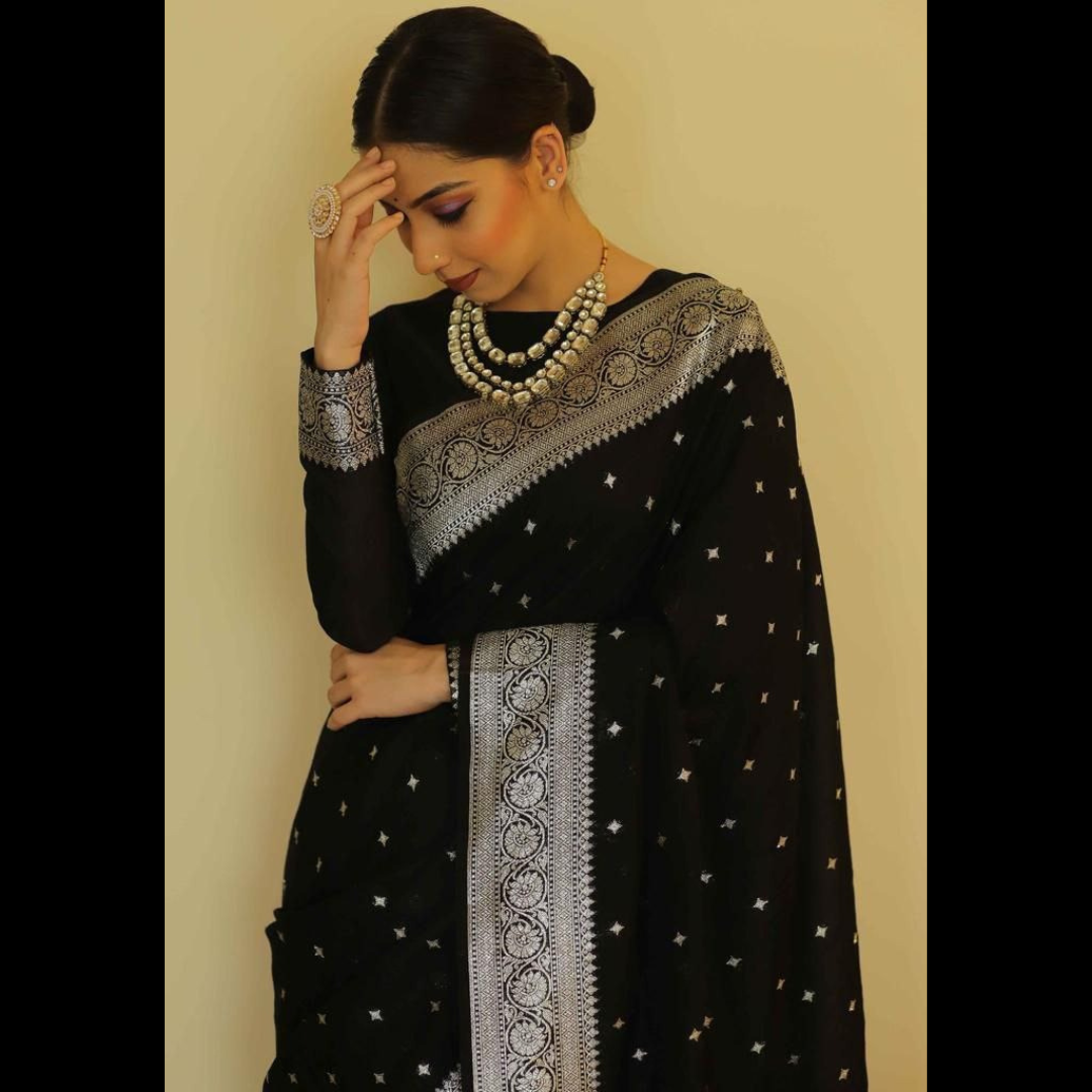 Soft Silk Saree with unstitched blouse piece - Black