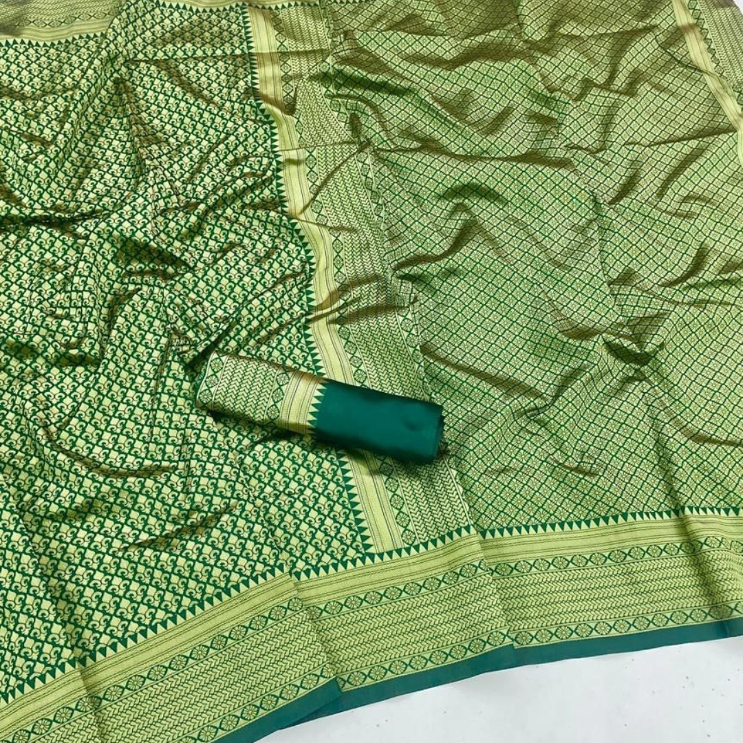 Green Soft Lichi Silk Saree with Exclusive Color Contrast Jacquard Border