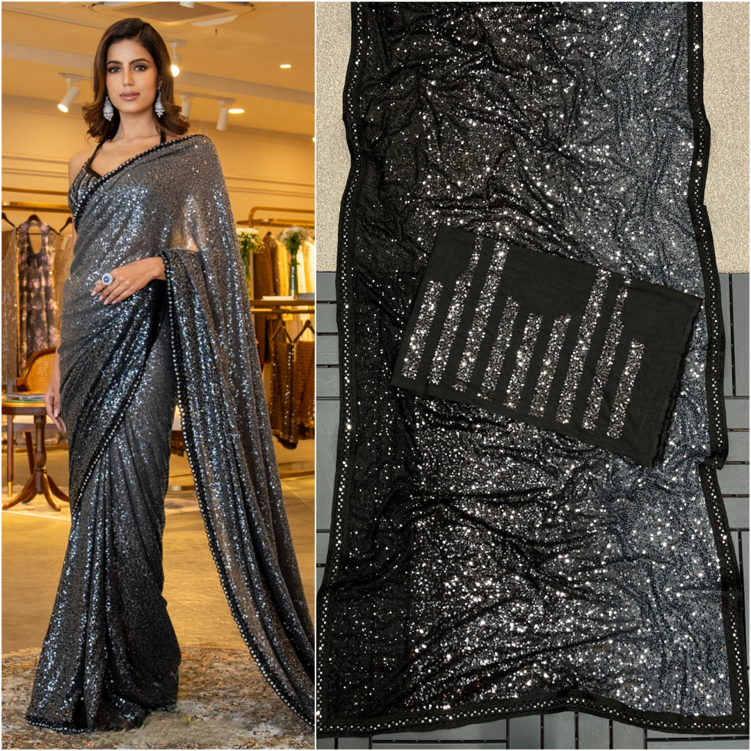 Black Georgette saree embellished with Sequin - Full