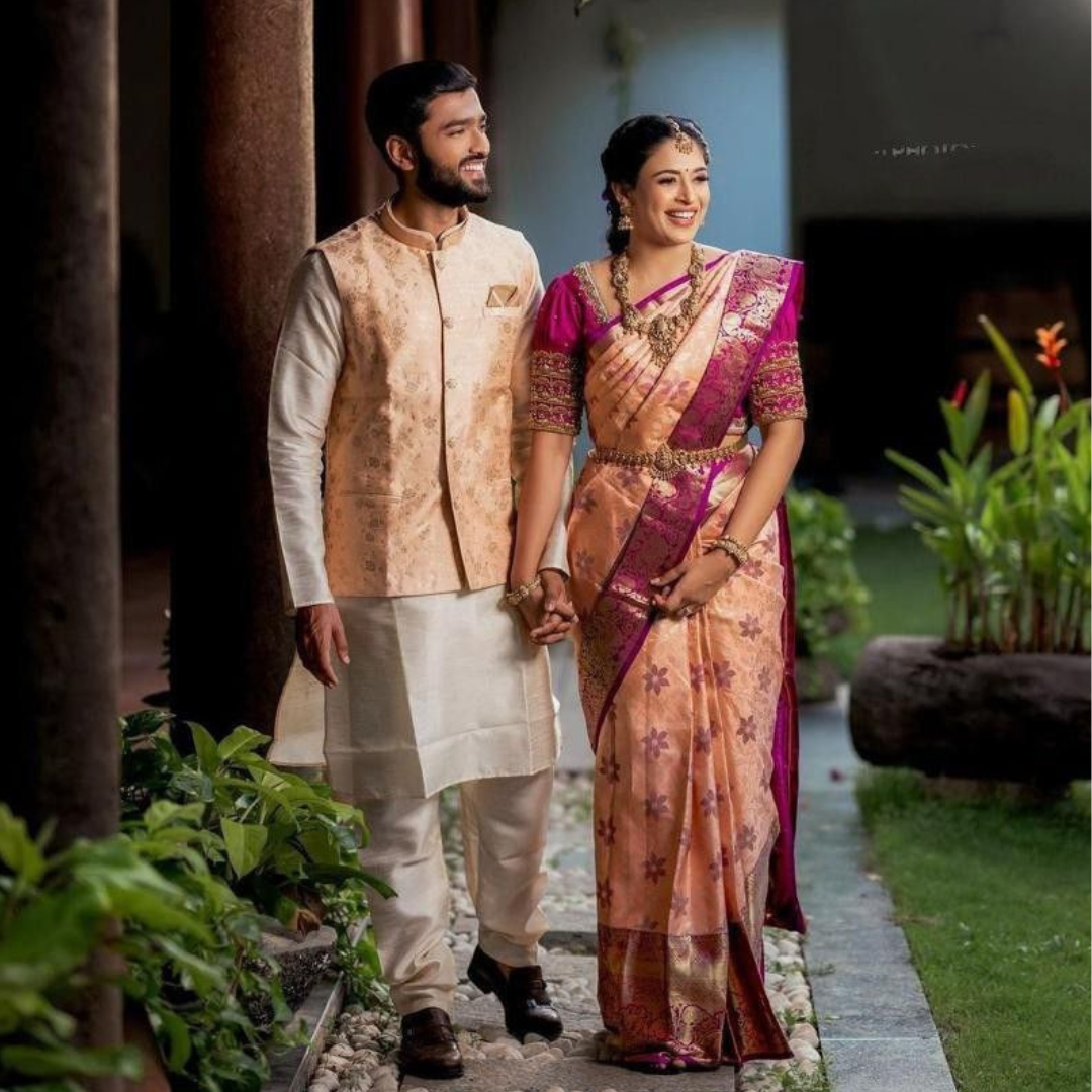 Rose Gold Soft Lichi Silk Saree with Exclusive Color Contrast Jacquard Border